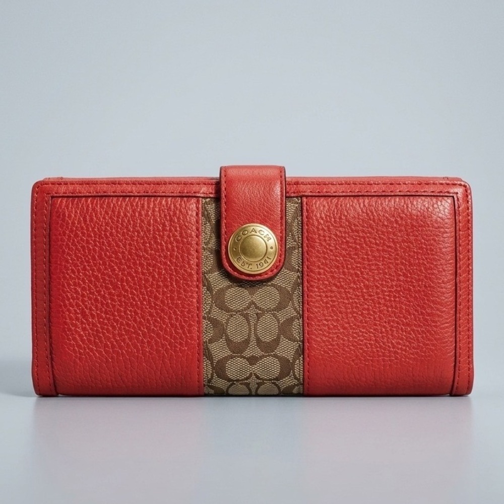 Coach Coral Orange Leather‎ Signature Monogram Stripe Slim Envelope Wallet